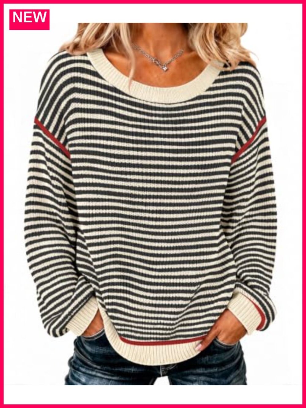 Oversized Striped Knit Pullover Sweater Crew Neck Long Sleeve Tunic